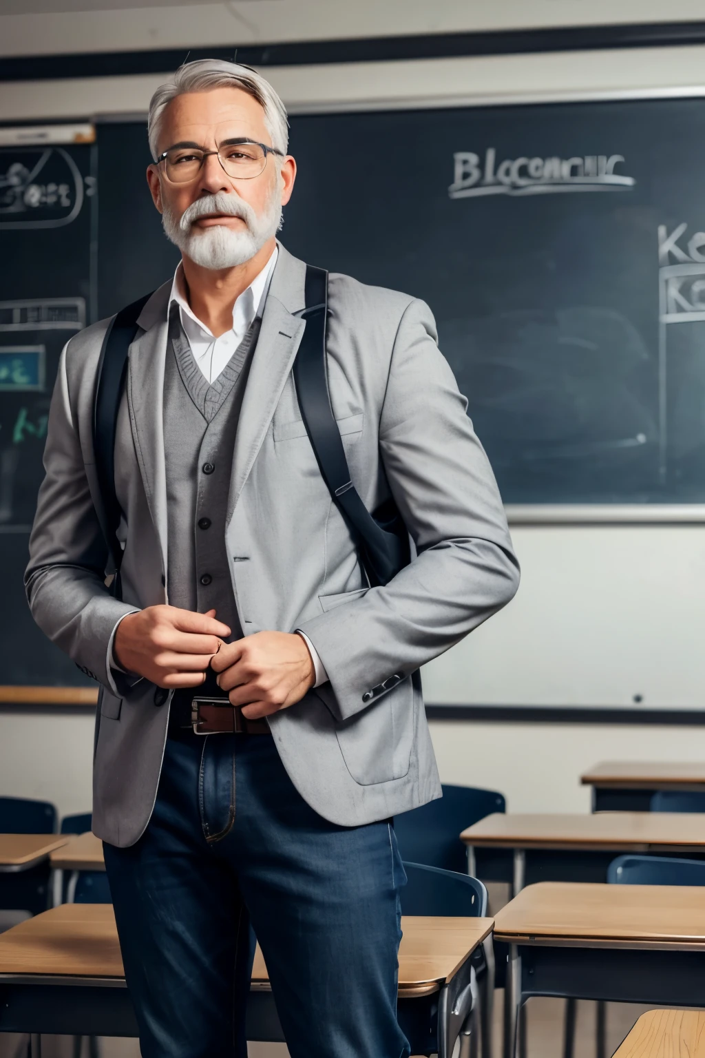 Teacher with gray hair dressed in sports jacket, jeans pants casual shoes, gray beard and mustache and carrying a briefcase in his right hand, and with the left hand writing on a blackboard the mathematics class and many students attentive to the teacher&#39;s explanation. The teacher must be Latino and have a stylish haircut