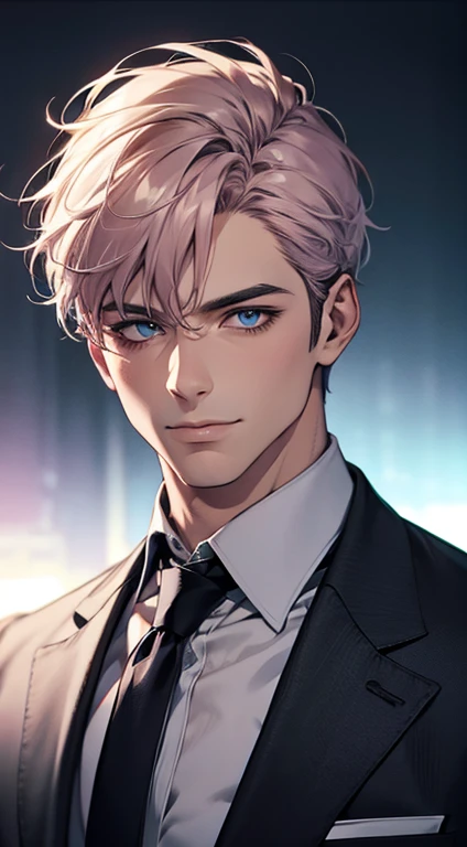 (best quality,4k,8k,highres,masterpiece:1.2),ultra-detailed,(realistic,photorealistic,photo-realistic:1.37),1 man,31 years old,mature man,very handsome,without expression,smile,short grey pink hair,blue eyes,penetrating gaze,perfect face without errors,imposing posture,businessman,office background,cinematic lighting,hdr image