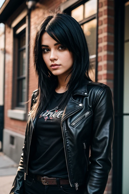 22 year old rocker woman with black hair wearing a black rock shirt and a black leather jacket 