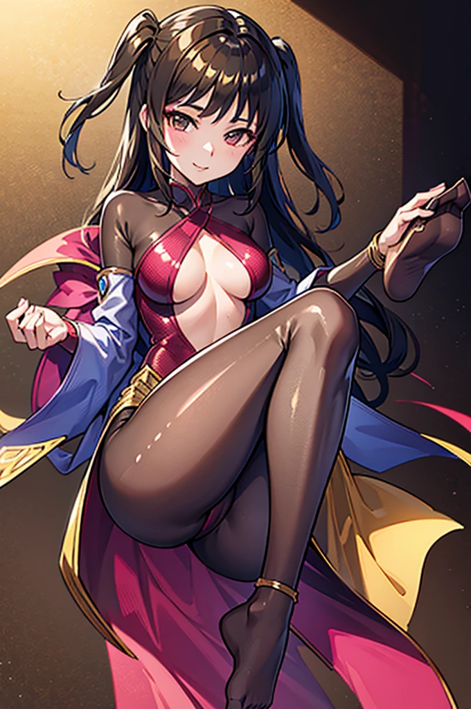 Highest quality Highest quality Draw a face carefully High-definition anime-style face Super Glowing Skin Brown leotard Golden pantyhose Succubus lure smile Show the soles of your feet Feet close up
