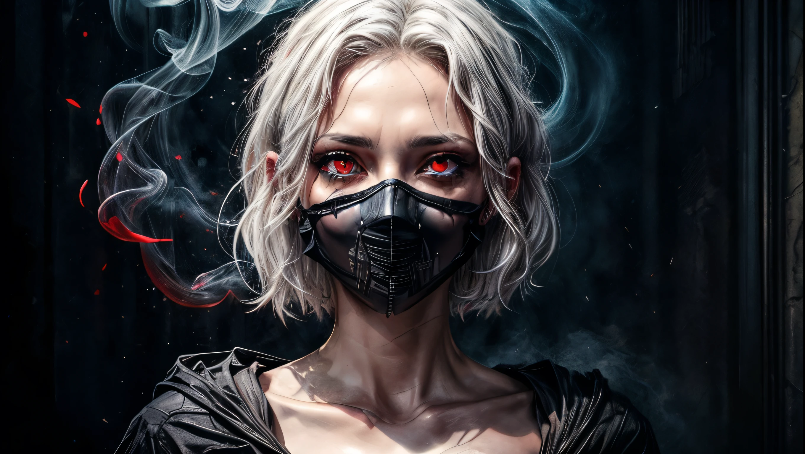 a woman with purple black smoke coming out of her eyes and mouth, dark background, cinematic lighting, dark fantasy, ethereal, dramatic, high contrast, moody, intense, mysterious, supernatural, surreal, (best quality,4k,8k,highres,masterpiece:1.2),ultra-detailed,(realistic,photorealistic,photo-realistic:1.37),digital art, dark art, concept art, dark fantasy art, dark portrait, dark fantasy portrait, ((wearing a black mask)), ((red eyes)), ((white hair))