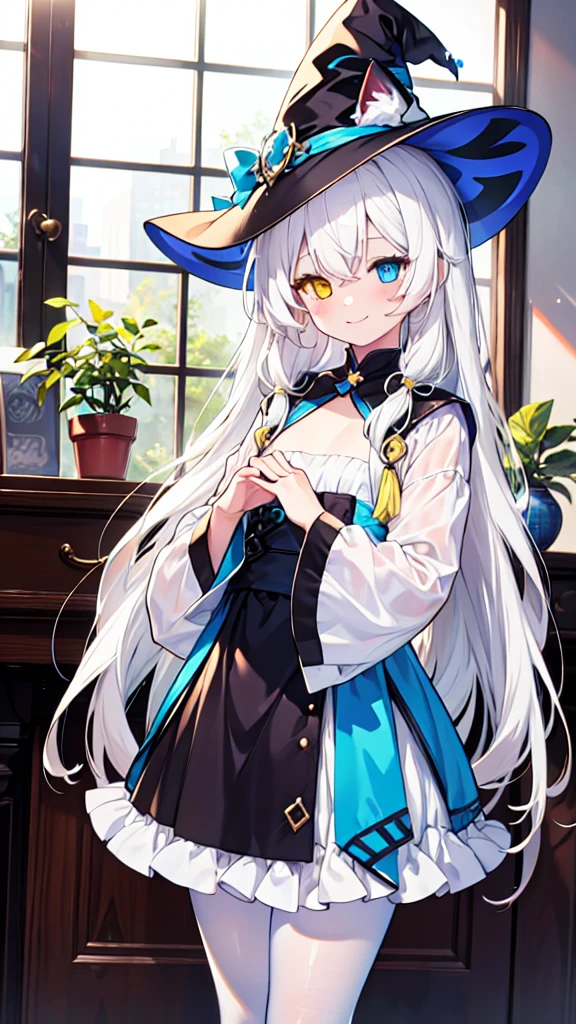 White hair，Cat ear，Long hair，Heterochromia(Left blue right yellow)，Smile，Female face，There are bright spots in the eyes，Female hands，White little hands，Normal fingers，flat chest，Witch costume，White pantyhose，In the room