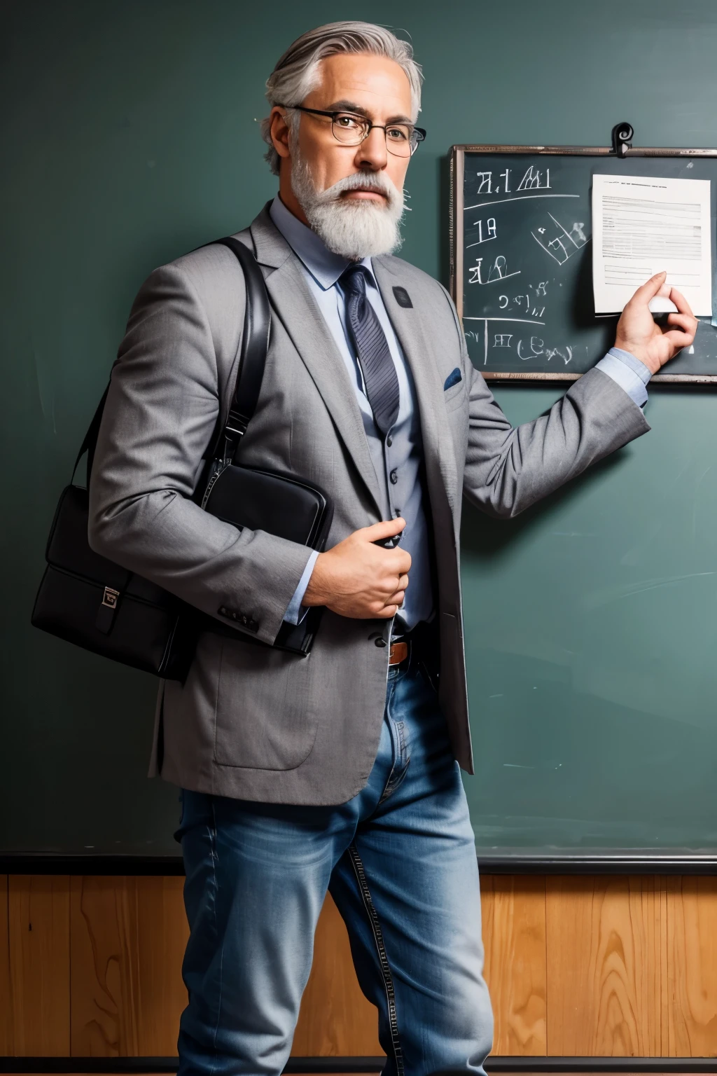 Teacher with gray hair dressed in sports jacket, jeans pants casual shoes, gray beard and mustache and carrying a briefcase in his right hand, and with the left hand writing on a blackboard the mathematics class and many students attentive to the teacher's explanation.