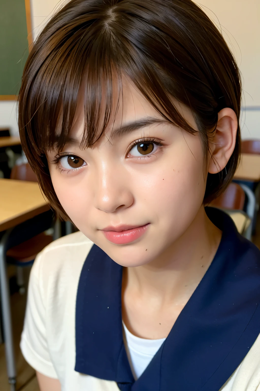 Highest quality, Face Focus, Soft Light, Ultra-high resolution, (Realistic:1.4), RAW Photos, 1 Japanese girl, alone, cute, (A shy smile:0.5), (Brown eyes, Light in your eyes), Beautiful face in every detail, (Small box),(High resolution detail of human skin texture), (Short Bob Hair), break, In the classroom,Navy uniform, Best, skirt