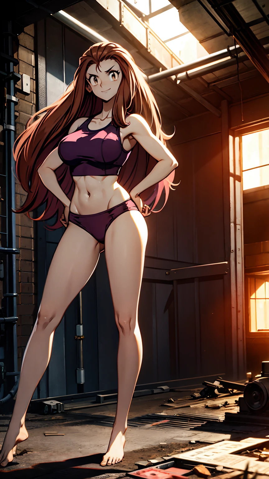 ((Masterpiece)), ((best quality)), very detailed, Detailed background, 1 woman, wavy brown hair, conjunctivitis, sly face , smile , tank top, pink panties , abdomen, big breasts , Long legs , hands on your hips... , Barefoot , abandoned factory, at night