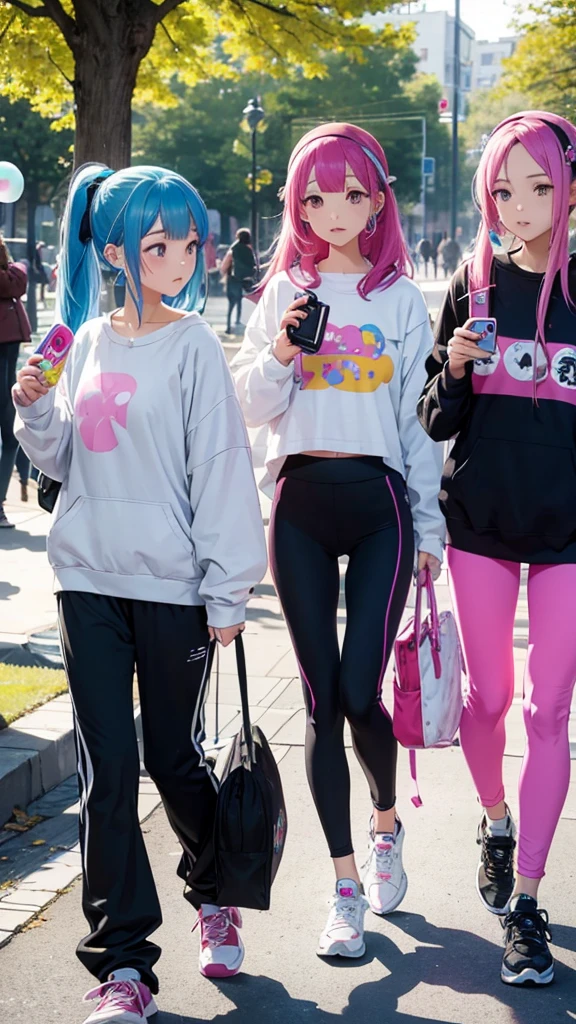 A group of friends in sweats and leggings、Wear a colorful hair band、Chewing bubble gum while listening to a Walkman in the park。。