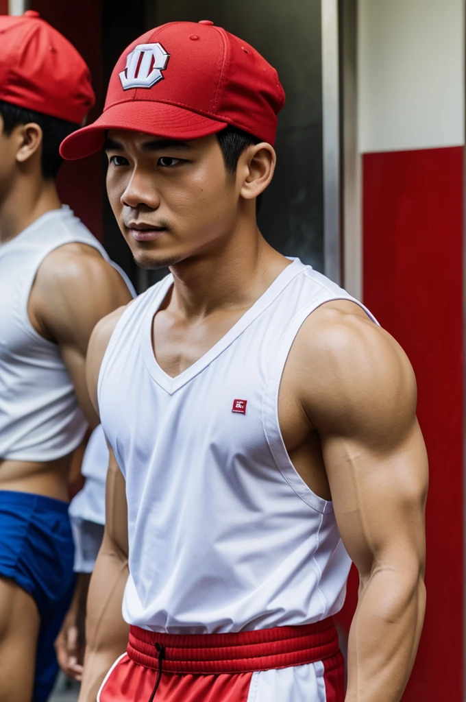 cartoon character with white sando and red close cap