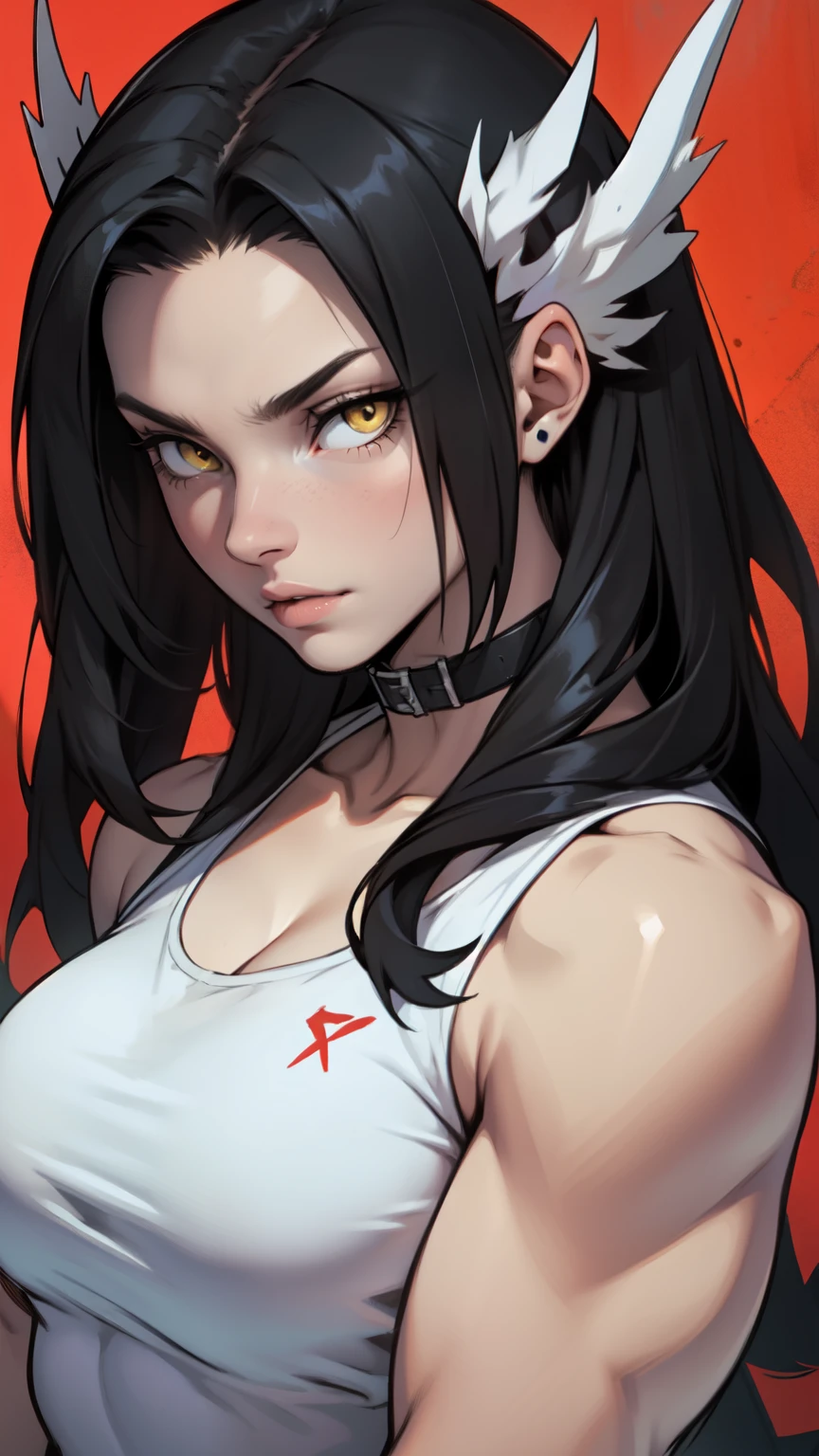 muscular girl breasts black hair yellow eyes pale skin