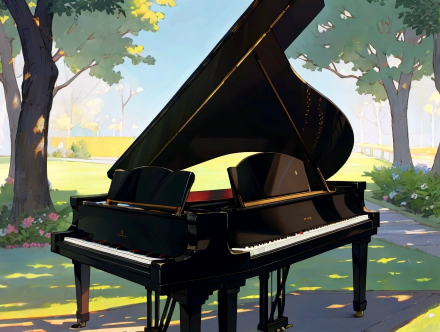 "A high-quality image of a black grand piano with its lid open, showcasing the intricate inner workings of the instrument. The piano is positioned against a plain white background, emphasizing its elegant and glossy finish. The brand"A beautiful scene featuring a black grand piano with its lid open, placed in a serene, sunlit park. The background shows lush green trees, colorful flowers, and a clear blue sky with a few modern buildings visible in the distance. The piano is positioned on a pathway, and the lighting creates a warm, inviting atmosphere with soft shadows. The overall mood is peaceful and inspiring, combining nature with urban elements."