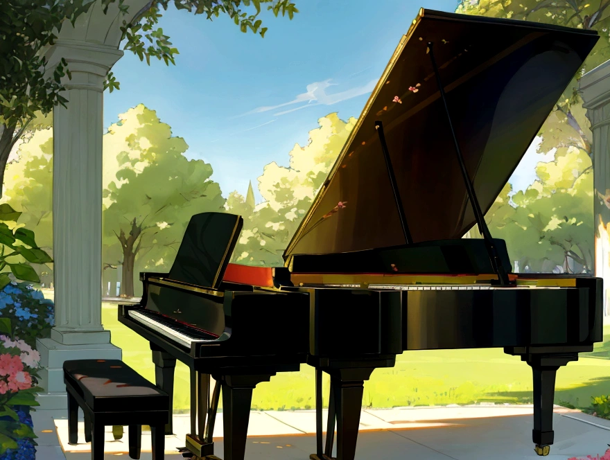 "A high-quality image of a black grand piano with its lid open, showcasing the intricate inner workings of the instrument. The piano is positioned against a plain white background, emphasizing its elegant and glossy finish. The brand"A beautiful scene featuring a black grand piano with its lid open, placed in a serene, sunlit park. The background shows lush green trees, colorful flowers, and a clear blue sky with a few modern buildings visible in the distance. The piano is positioned on a pathway, and the lighting creates a warm, inviting atmosphere with soft shadows. The overall mood is peaceful and inspiring, combining nature with urban elements."
