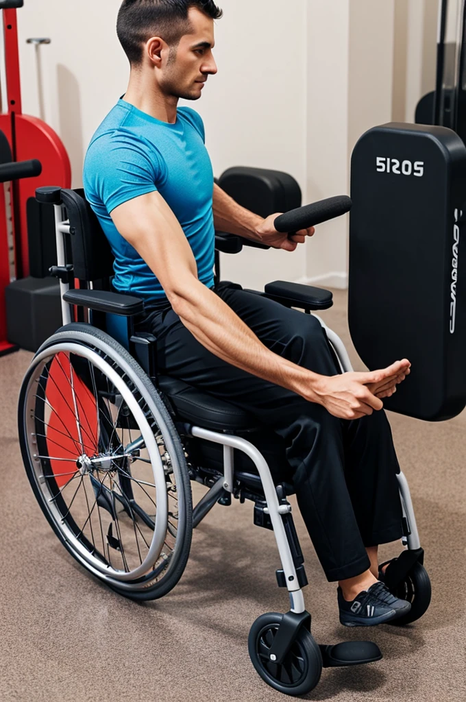 A disabled person in a wheelchair doing arm exercises with a 5kg weight is a disc