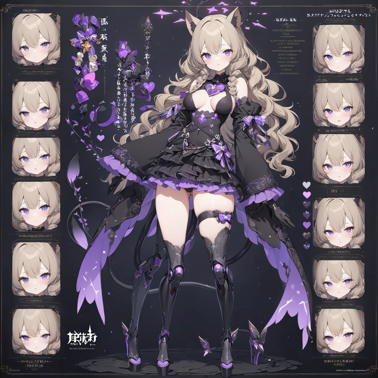 1 girl , long dark blonde hair, slim build, wavy hair with hip length curls, has a short central tuft, She has two short braids on the left and right side of her head..  He has black serval ears with gray and purple on the top of his head. small face. one gray eye and one violet eye, star ribbon on the right and left side of the hair below the serval ears. extremely detailed face, Beautiful detailed eyes, beautiful detailed lips. woman 180 cm tall, adorable, extremely detailed legs, (Best Quality, 4k, 8k, high resolution), ultra detailed, Exquisite and epic character art... (character design sheet: front view), Black platform heels, Elegant One Piece Thigh-Length Dress with Ruffle Skirt and Wide Sleeves. gloves. light gray belt with a large ribbon with violet heart buckle,  black necklace with heart emblem on the neck. It has a star-tipped succubus tail.. (wide hip). Black halo with purple star patterns shining above his head... (medium breast size). Thigh High Mechanical Legs in Black and Luminous Purple, (16 year old woman).