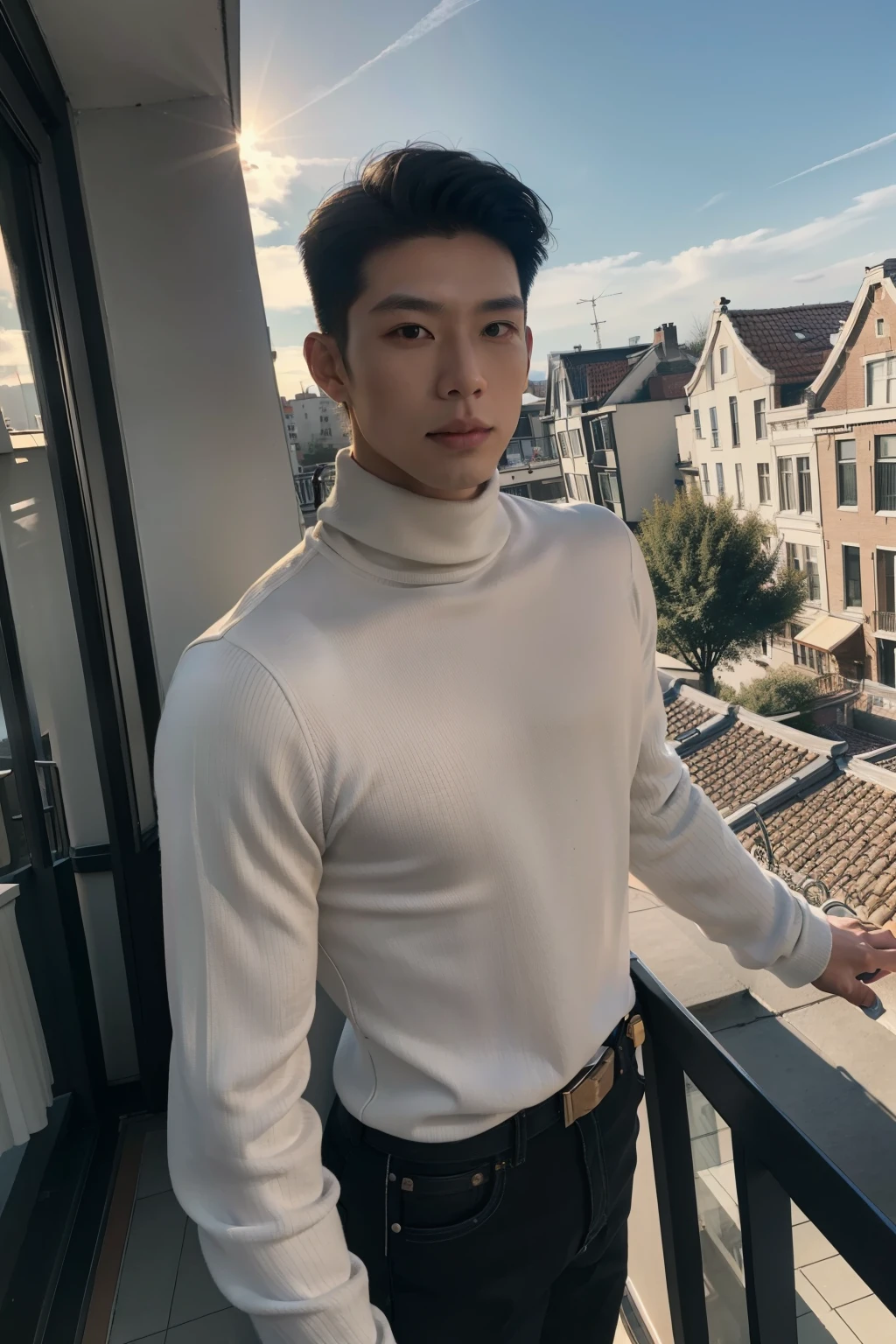 (lifelike, high quality: 1.3) handsome asian man, tall, turtleneck, skinny jeans, photography, dutch angle, outdoor, hair styled upwards, blonde dyed hair, in the morning with the first sunrays, taking a selfie on a pretty green balcony