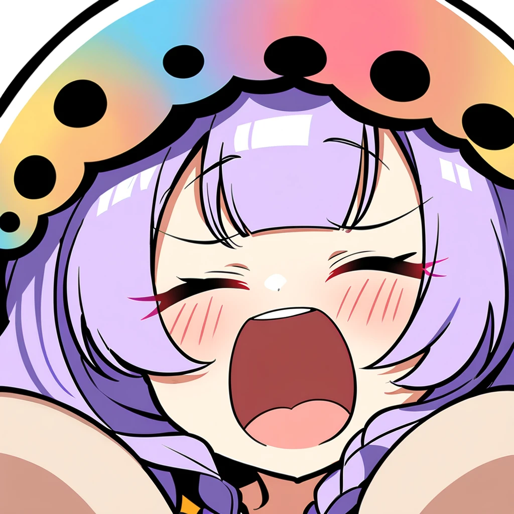 Top quality, masterpiece, chibi character, animal ear girl, peal purple and blunt bangs hair, twin braids, eyes closed, mouth wide open and screaming, blushing, face close to the front