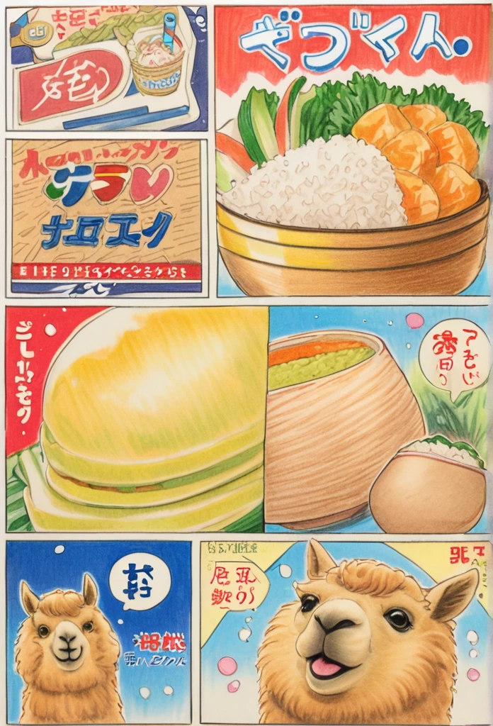 Alpaca holding rice ball 、art,advertisement,Colored pencil drawing,Comic Collage