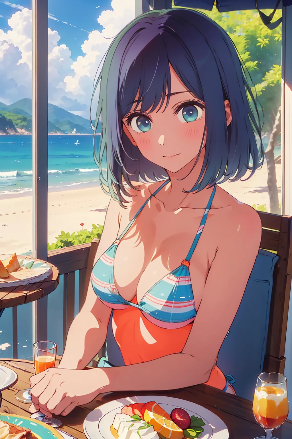 (Highest quality:1.4、masterpiece:1.uper detailed:1.4、8K:1.4)、((((1 person、Surprised expression、sit、Outdoor café terrace、coastal、juice、table、Sandy Beach、juiceのグラスを持つ、Plain Bikini、The depth of the written world、Very soft boog eyes、Very cute face))))、F cup bust、Medium breast、Uob、Sideboob
