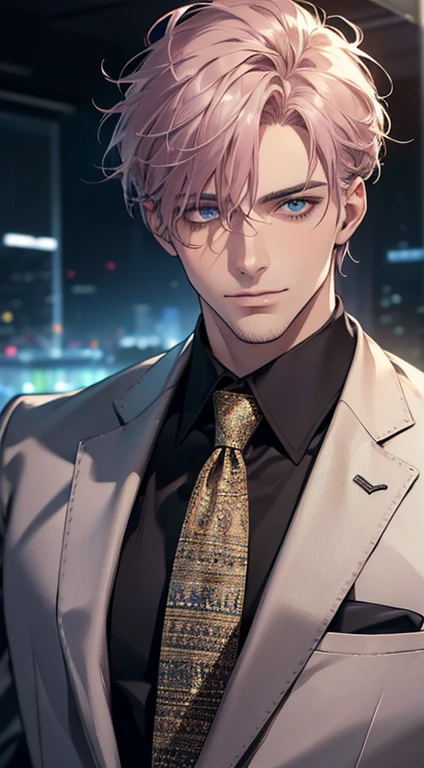 (best quality,4k,8k,highres,masterpiece:1.2),ultra-detailed,(realistic,photorealistic,photo-realistic:1.37),1 man,31 years old,mature man,very handsome,without expression,smile,short grey pink hair,blue eyes,penetrating gaze,perfect face without errors,imposing posture,businessman,office background,cinematic lighting,hdr image