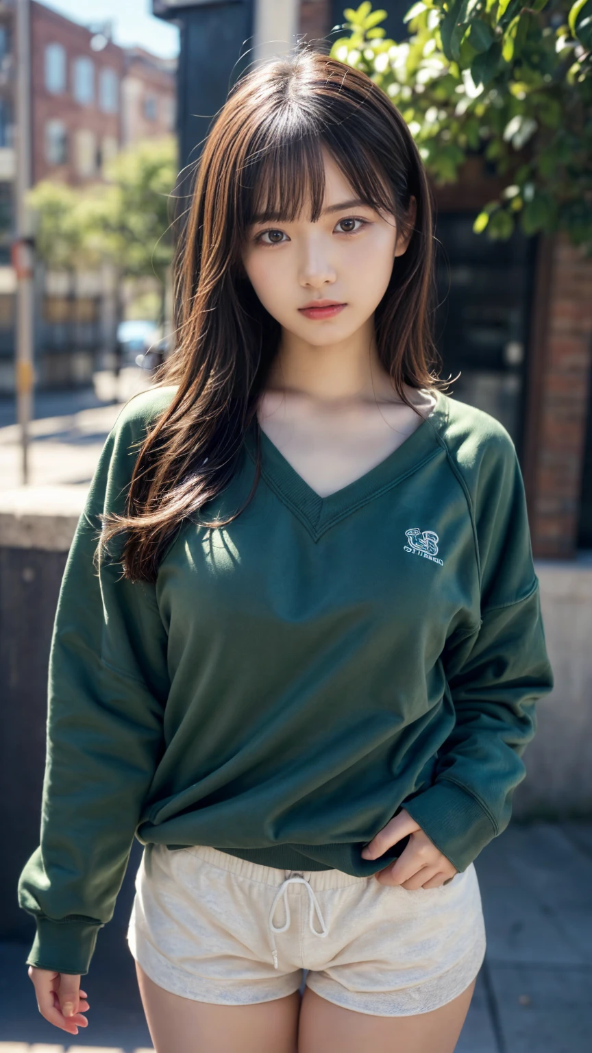Innocent 16 year old girl、((Random color oversized sweatshirt,random shorts,Reduce visible area of shorts,dramatic pose)),cute face,bright eyes,tear bag,shortcut,Cafe background,RAW photo, (8K、highest quality、masterpiece:1.2)、(intricate details:1.4)、(realistic:1.4)、octane rendering、Intricate 3D rendering Super detaileded, soft light in the studio, rim light, vivid details, Super detailed, realistic skin texture, face, beautiful detailed eyes, Highly detailed CG Unity 16k wallpaper, compensate, (detailed background:1.2), shiny skin, whole body、large breasts, Draw from head to foot,((stand,Thighs are visible))