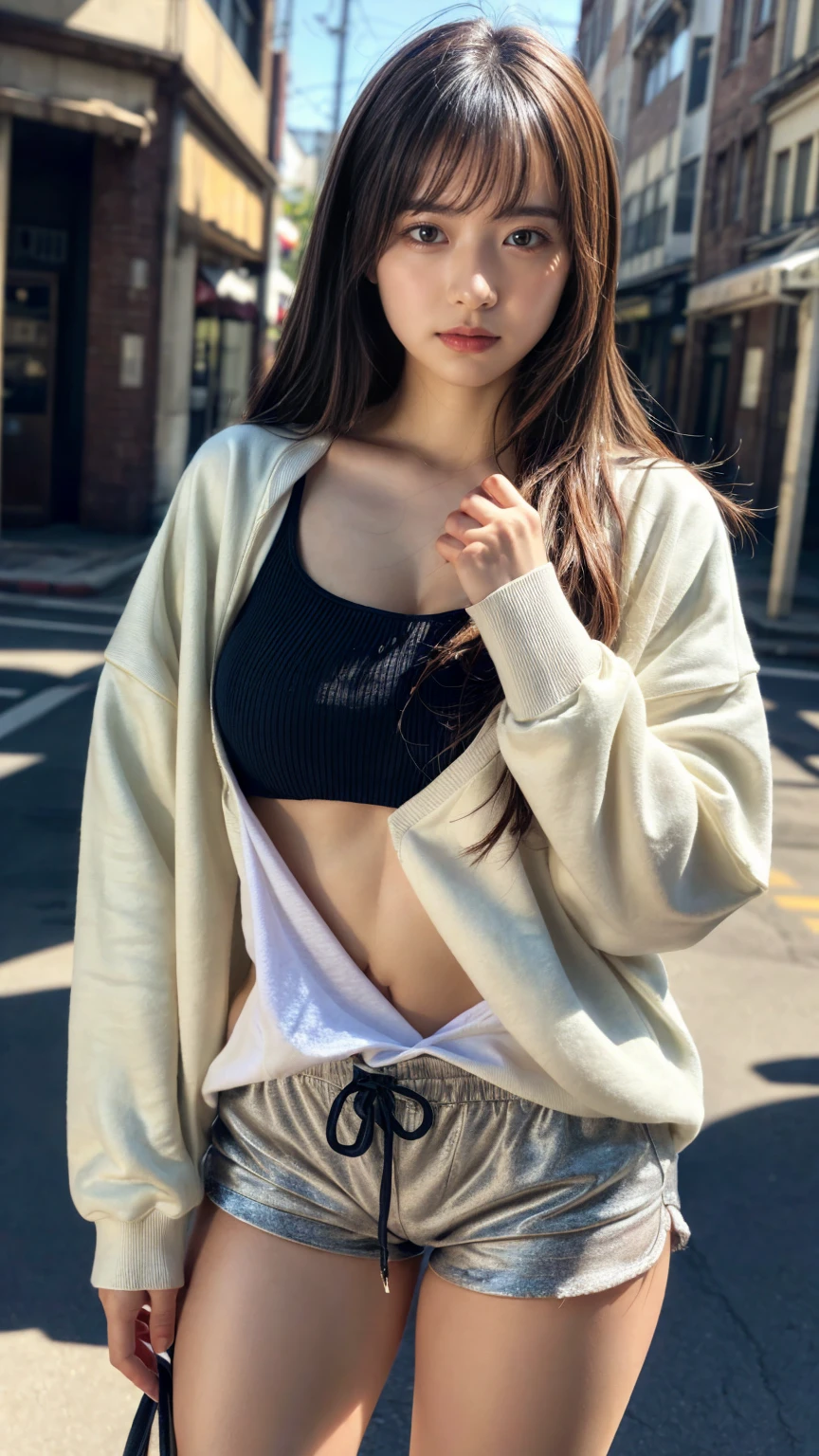 Innocent 16 year old girl、((Random color oversized sweatshirt,random shorts,Reduce visible area of shorts,dramatic pose)),cute face,bright eyes,tear bag,shortcut,Cafe background,RAW photo, (8K、highest quality、masterpiece:1.2)、(intricate details:1.4)、(realistic:1.4)、octane rendering、Intricate 3D rendering Super detaileded, soft light in the studio, rim light, vivid details, Super detailed, realistic skin texture, face, beautiful detailed eyes, Highly detailed CG Unity 16k wallpaper, compensate, (detailed background:1.2), shiny skin, whole body、large breasts, Draw from head to foot,((stand,Thighs are visible))