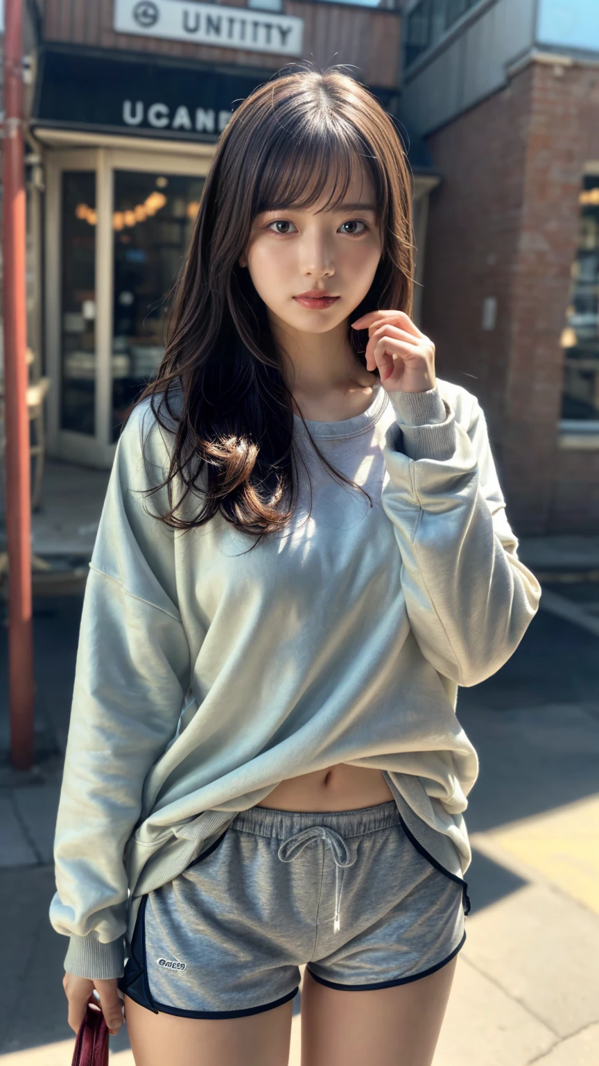Innocent 16 year old girl、((Random color oversized sweatshirt,random shorts,Reduce visible area of shorts,dramatic pose)),cute face,bright eyes,tear bag,shortcut,Cafe background,RAW photo, (8K、highest quality、masterpiece:1.2)、(intricate details:1.4)、(realistic:1.4)、octane rendering、Intricate 3D rendering Super detaileded, soft light in the studio, rim light, vivid details, Super detailed, realistic skin texture, face, beautiful detailed eyes, Highly detailed CG Unity 16k wallpaper, compensate, (detailed background:1.2), shiny skin, whole body、large breasts, Draw from head to foot,((stand,Thighs are visible))