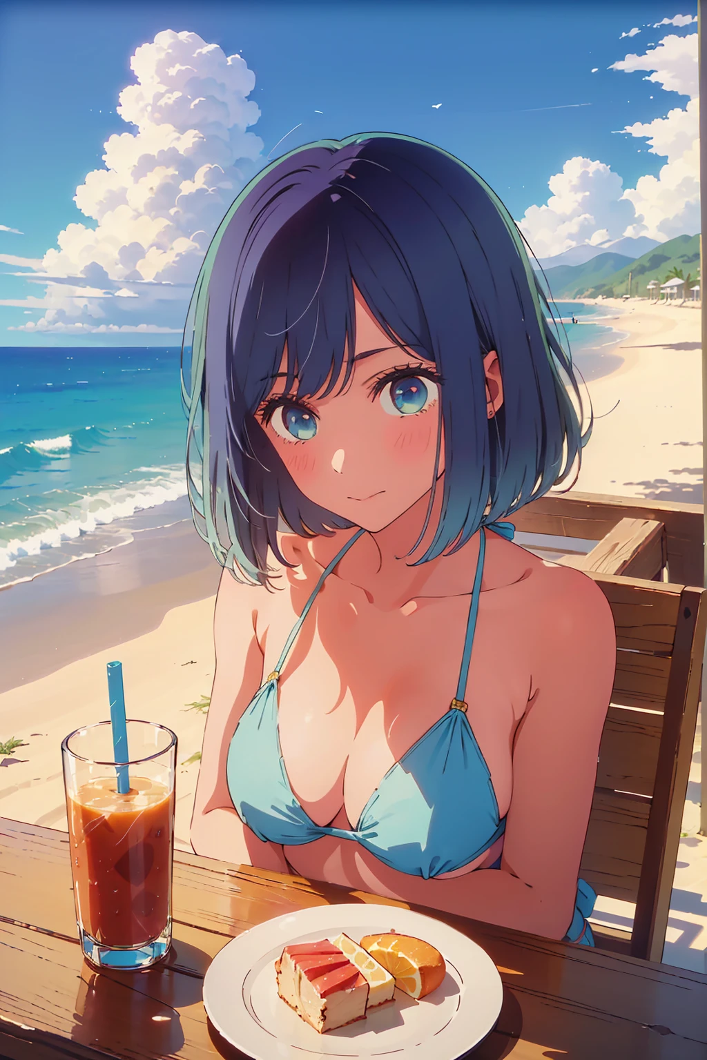 (Highest quality:1.4、masterpiece:1.4、Super detailed:1.4、8K:1.4)、((((1 person、Surprised expression、sit、Outdoor café terrace、coastal、juice、table、Sandy Beach、juiceのグラスを持つ、Plain Bikini、The depth of the written world、Very soft boobs、Big eyes、Very cute face))))、F cup bust、Medium breast、Underboob