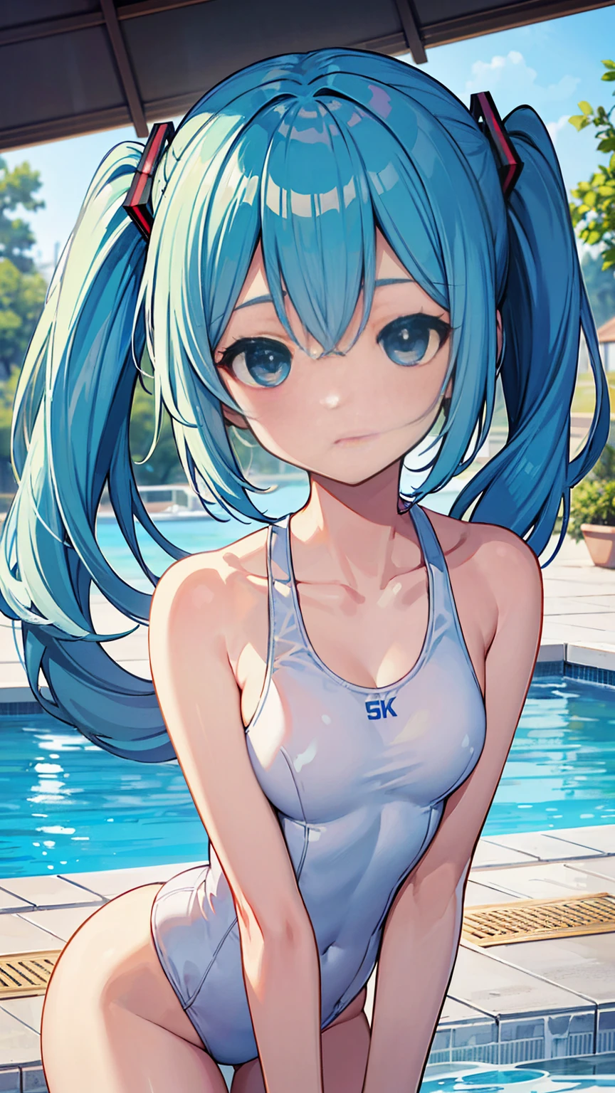 (Official Art、Highest quality、unity 8k wallpaper、32k、 masterpiece、Super detailed、High resolution,Perfect Anatomy),(Natural soft light:1.2),Beautiful face and eyes in every detail,20 year old beauty、Hatsune Miku Vocaloid, Twin tails,Light blue hair, Bright Blue Eyes, Long Hair,(Slim lower body:1.5,skinny:1.3,Ideal body type,Medium Chest)、Beautiful hand with five fingers、White competitive swimsuit,Pool