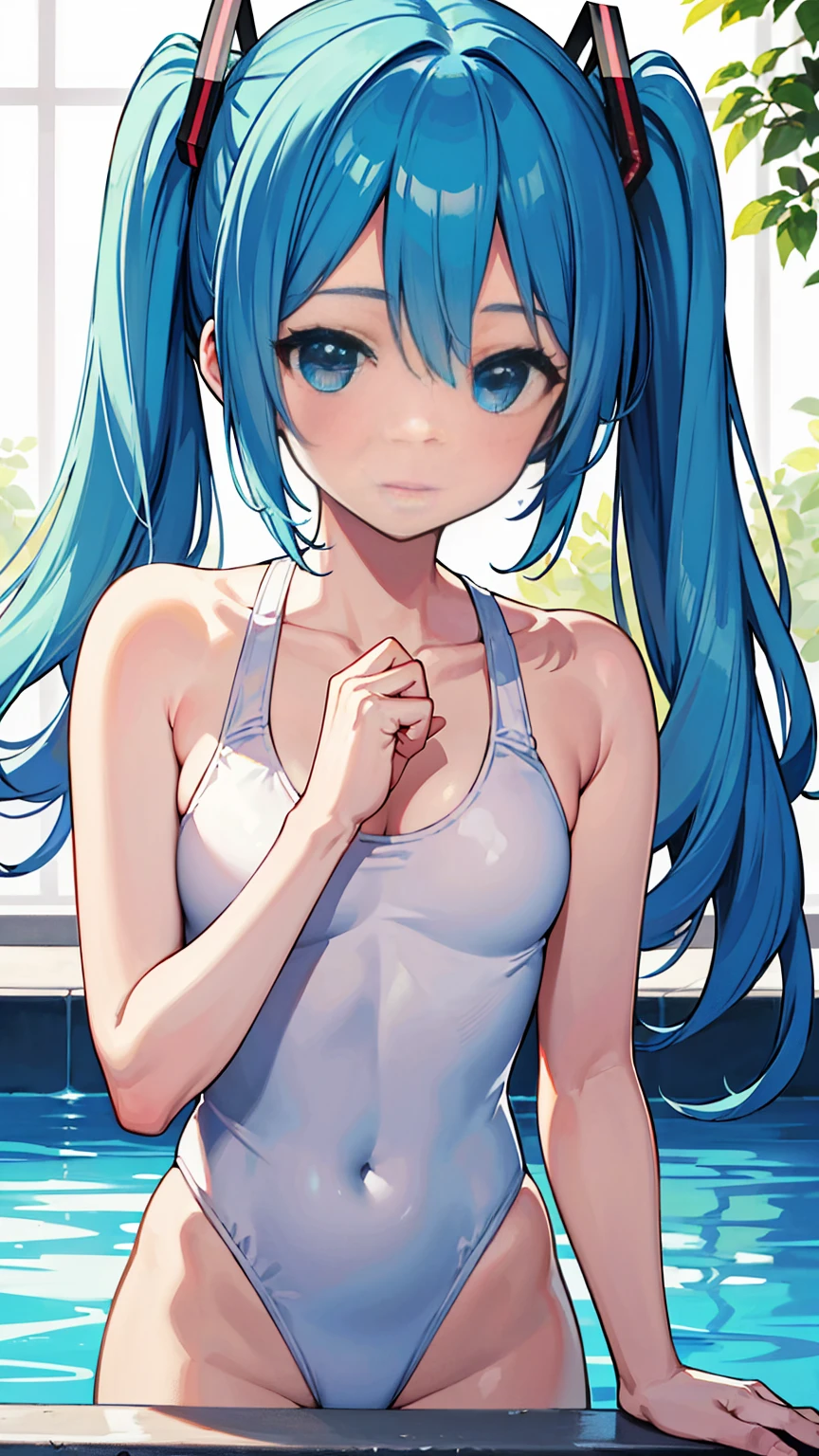 (Official Art、Highest quality、unity 8k wallpaper、32k、 masterpiece、Super detailed、High resolution,Perfect Anatomy),(Natural soft light:1.2),Beautiful face and eyes in every detail,20 year old beauty、Hatsune Miku Vocaloid, Twin tails,Light blue hair, Bright Blue Eyes, Long Hair,(Slim lower body:1.5,skinny:1.3,Ideal body type,Medium Chest)、Beautiful hand with five fingers、White competitive swimsuit,Pool