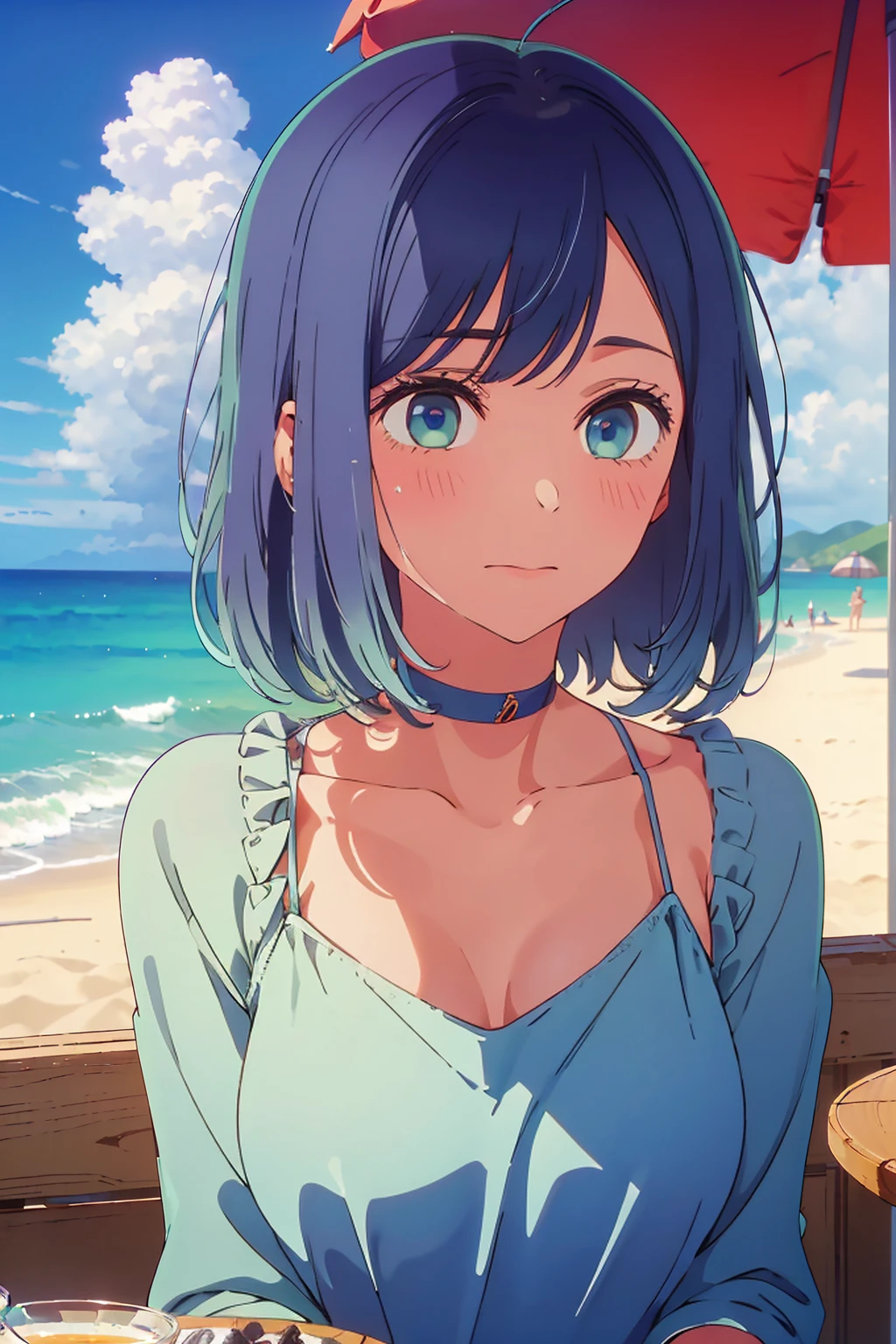 (Highest quality:1.4、masterpiece:1.4、Super detailed:1.4、8K:1.4)、((((1 person、Surprised expression、sit、Outdoor café terrace、coastal、juice、table、Sandy Beach、juiceのグラスを持つ、Plain Bikini、The depth of the written world、Very soft boobs、Big eyes、Very cute face))))、F cup bust、Medium breast