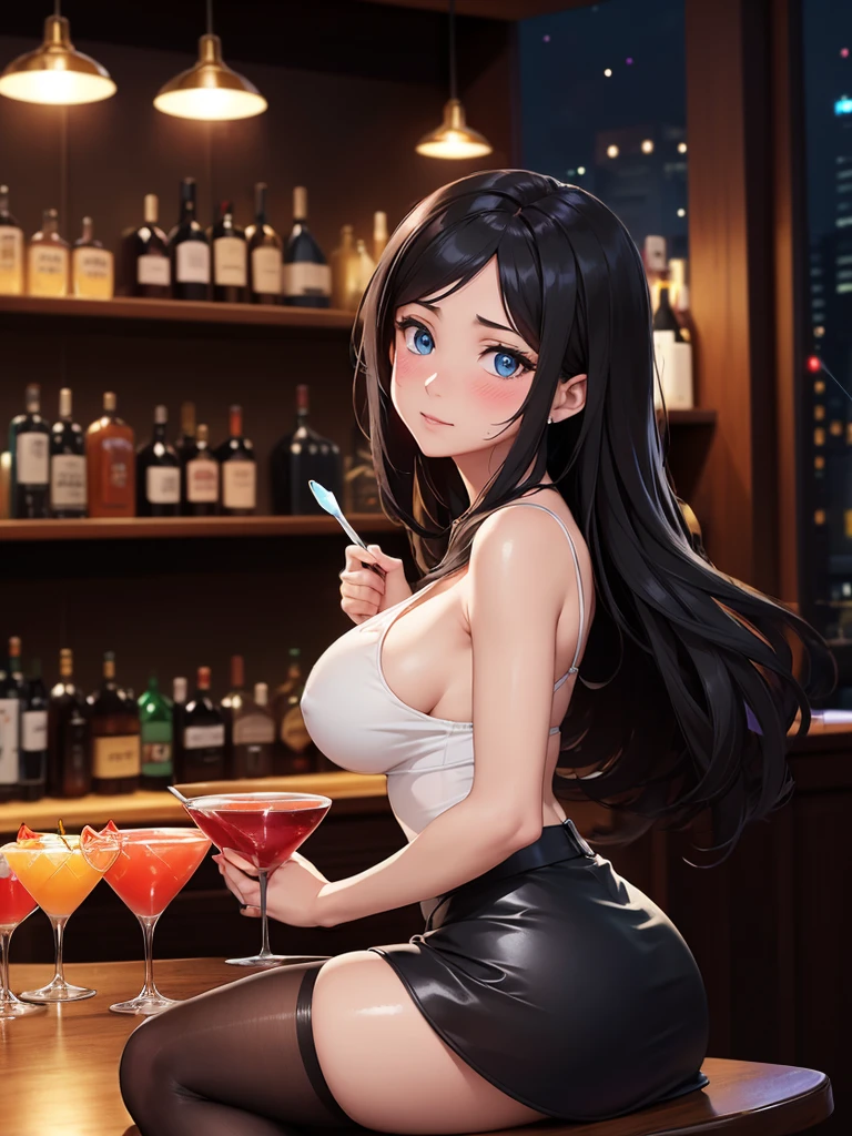 best quality, 4k, high resolution, masterpiece:1.2, extremely detailed), sad expression looking at the camera, Large Breasts, 30 years old girl, solo, black hair, long hair, blue eyes, (drunk, blush), sitting, drinking, ((Mature sexy body)), Black stockings, Black tight skirt, Mature sexy body, holding mug, counter, bar, (Stylish bar) indoors, ((Cocktail glass) full of colorful liquor), (Dimly lit room), Wine bottle, Detailed background, Fluffy hair, ((((Night background))))), (((In the bar))), Wine, Whiskey, Highball, (Shiny glow, Effect:1.2)