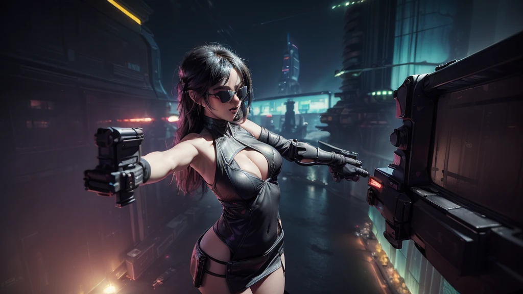 (((aerial view))) of futuristic cyberpunk city at night, hologram neon buildings, vivid colors, (((futuristic flying cars))) and futuristic cars, 3d rendering Beeple. large-breast:1.2 photorealistic sexy woman, cleavage, tube top, miniskirt, (((((black sunglasses, pistol shooting pose))))), standing, leaning forward, (((((half-body thigh level medium shot))))).