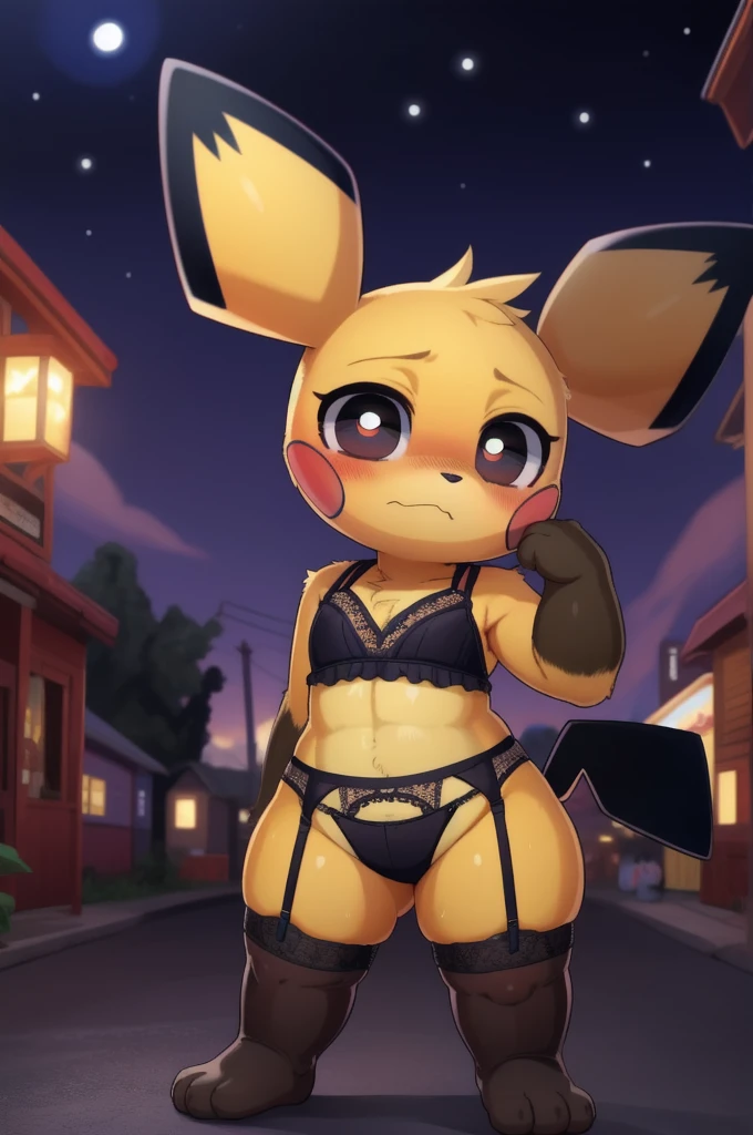 kemono, art by dagasi, beautiful girl, Uploaded to e621.net, fox girl, (Pixelsketcher), (wamudraws), (masterpiece), (HD), (high res), (feet visible), (furry anthro), (detailed fur), (detailed shading), (beautiful render art), anthro Pichu, black eyes, glowing eyes, neon eyes, furry, (yellow fur), Pichu ears, [(slim figure, flat chest, skinny)], (curvy hips), (beautiful legs), spectral color, (wearing lace lingerie, beautiful and detailed light grey lace lingerie, Victoria's secrets lingerie, garter belt and matching stockings), (really dark night:1.5), [zero lighting], northern lights in the background, looking at the viewer with longing, full face blush, heavy breath, shy expression eyes, Pichu, opening her legs to seduce the viewer
