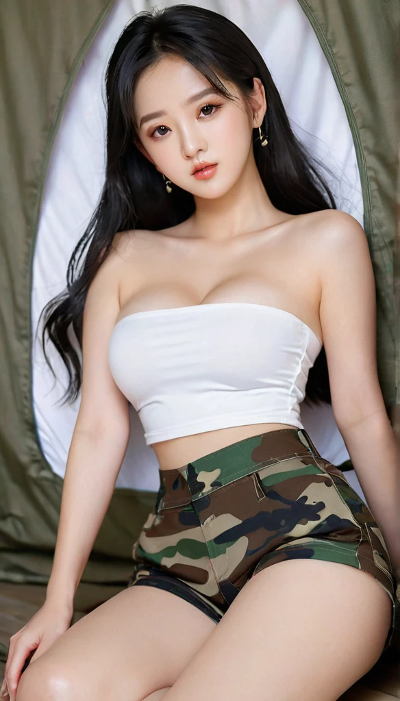 close-up of beautiful Chinese, Ningning is a AESPA South Korean pop girl group, age 18 years old girl, youthful face, perfect body, white body skin, very rapunzel long hair, standard black hair, straight hair, 32 inches breasts size, wearing a plain standard light white strapless tube top, wearing a tight camouflage mini short leggings, Ningning holding breasts with her own two hands is very sexy and sigh, Ningning squeezes the breasts very seductively, Ningning lowered her strapless tube top a little bit, ((Ningning held her breasts while lying down in the female-only military bedroom camp)), ((Ningning experienced arousal when her breasts became tense and made her look tempted)), sexy looking pose, pose a naughty look, pose looks seductive, at the female-only military bedroom camp, female-only military bedroom camp background, UHD