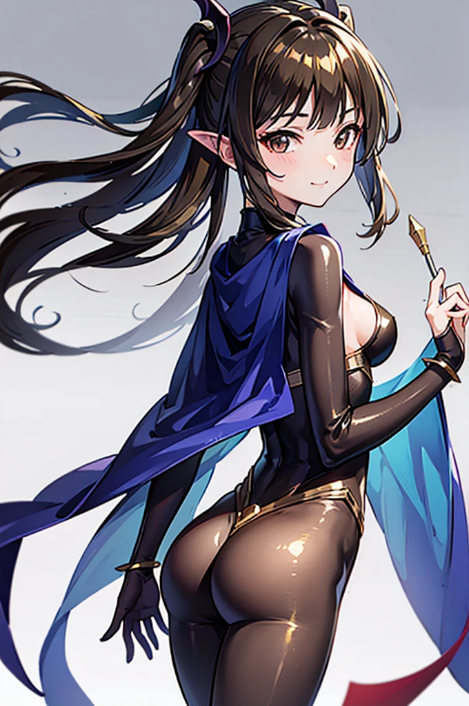 Highest quality Highest quality Draw a face carefully High-definition anime-style face Super Glowing Skin Brown leotard Golden pantyhose Succubus lure smile Rear view Back view Ass close up