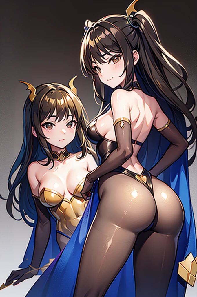 Highest quality　Highest quality　Draw a face carefully　High-definition anime-style face　Super Glowing Skin　Brown leotard　Golden pantyhose　Succubus　lure　smile　Rear view　Back view　Ass close up