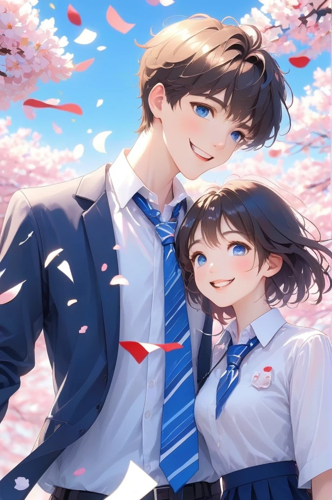 1boy,1girl,blue eyes,blue necktie,blue sky,cherry blossoms,clenched hand,collared shirt,confetti,day,debris,envelope,falling leaves,falling petals,leaves in wind,letter,love letter,money,necktie,outdoors,paper,paper airplane,petals,rose petals,school uniform,shards,shirt,short hair,sky,smile,striped,striped necktie,white shirt,wind