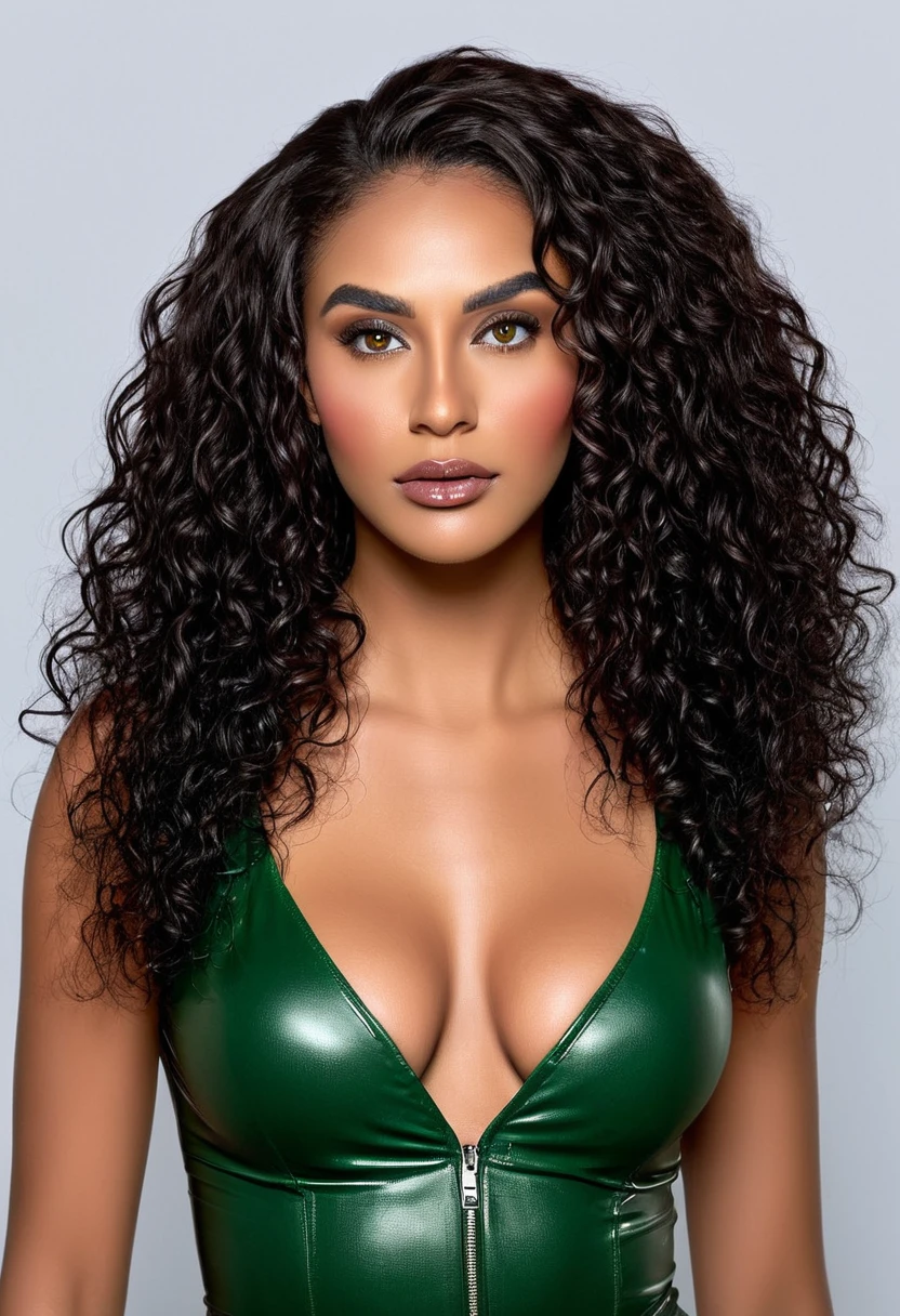 Completely Arafed Woman, Attractive Woman Wearing Latex Clothing (Seductive Look), Dressing in Fashion. Black and Brazilian mixed race, mixed race woman, beautiful 30 year old Afro-Latina girl, beautiful African and Latina, supermodel, stunning beauty, Brazilian and Angolan descent, the most beautiful woman in the world, jaw-dropping beauty, She has a beauty exotic, a tall woman, a black woman, mixing African and indigenous features, a unique mix of indigenous, African and European ebony, her beauty is unique, undeniable, a beautiful young black woman with dark skin. Long curly black hair, her hair is curly black, with long curly black hair, Curly black goddess, long curly hair, (Curly hair:1.2), Curly hair, curls, long curly afro hair, big hair, afro hair far away. Sexy face, beautiful face, Seductive appearance, vibrant sensual. Detailed seductive eyes, sexy with green eyes, look directly into the camera, evil eyes, sexy with green eyes, piercing green eyes, (eyeliner, long eyelashes), intense look, mysterious and charming look, look of magnetism, attraction and fascination. Perfect thick arched eyebrows, the nose is small and proportional to the face. Lush lips, delicious lips, voluminous lips, big lips, Attractive and irresistible mouth, well-defined lips, full lips, voluminous lips, seductive lips, seductive expression, a seductive smile is enigmatic. The makeup is subtle, (cat eye makeup:0.85), professional makeup. Black woman, Olive skin, healthy and even glow, dark skin, sexy girl with olive skin, detailed textures, detailed skin, beautiful and glowing skin, intricate details, smooth skin, healthy and radiant appearance. Fitness woman, toned body, beautiful, attractive and slim woman, medium bust, athletic, thin waist, wide hips, big butt, thick thighs, shapely legs. A woman posing for a complete, sexy and dynamic photo. Tight black outfit, black bodycon dress, short black dress, sexy black dress. Sensual, sensual pose with big breasts, cinematic photo, phot
