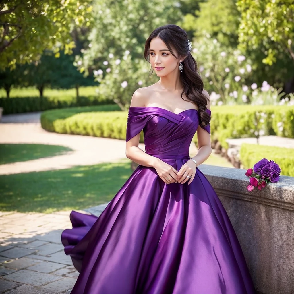 Create an image of a woman wearing a purple dress, participating as the Bachelorette. She is holding a red rose in her hand. The setting should be elegant and romantic, with a backdrop that suggests a formal event or a beautiful outdoor location. The woman should have a confident and graceful pose, exuding charm and sophistication.