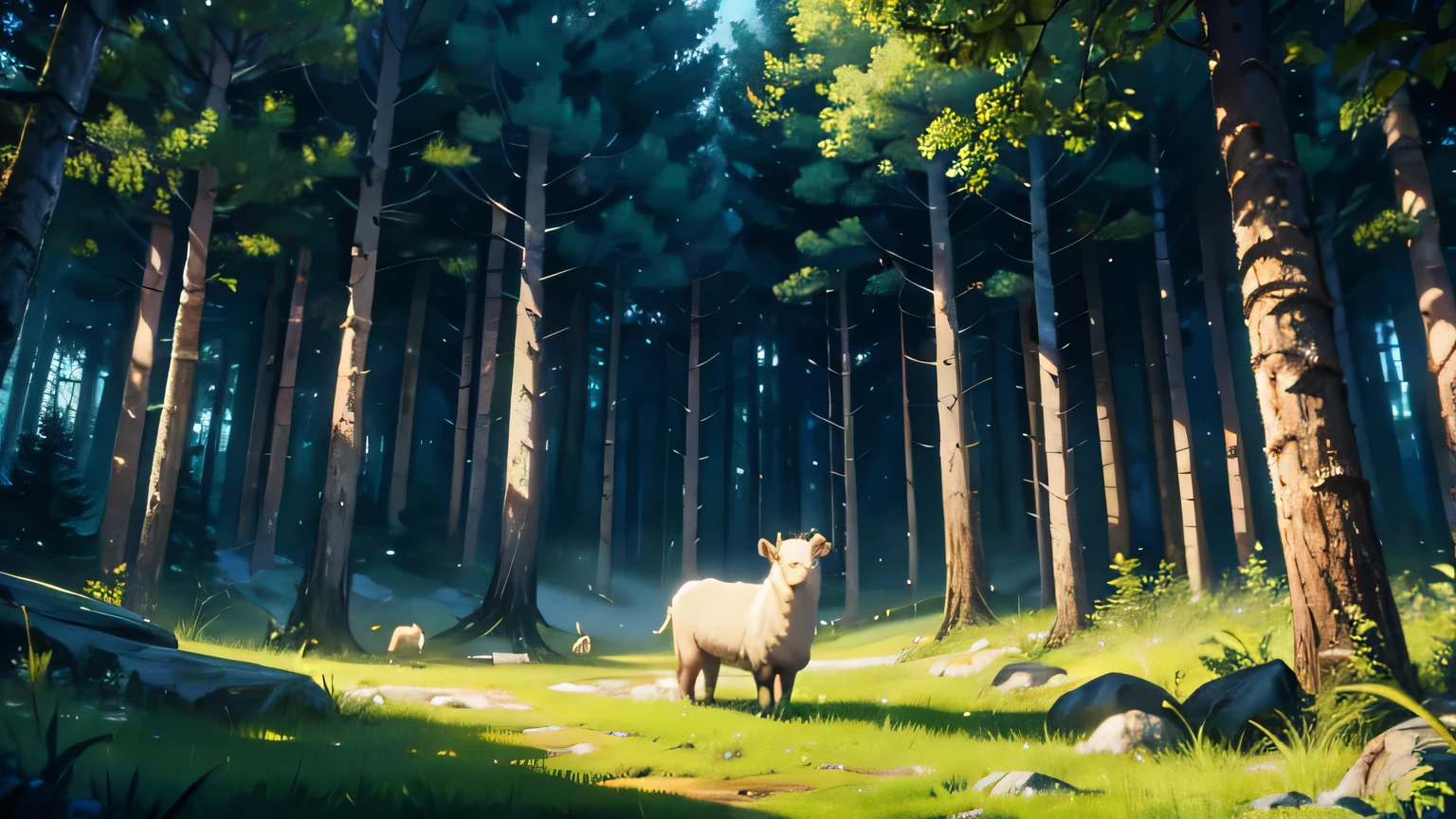 WHITE SHEEP LOST AND DESPERATE in a dark and mysterious DENSE forest, at night, motion scene in the forest, changing lighting, hyper-realistic lighting, cinematic