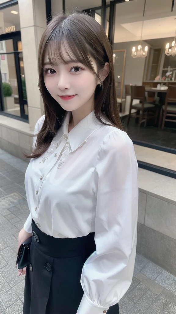 master piece , best quality , 8k , detailed , woman , smile , blouse , 25 years old