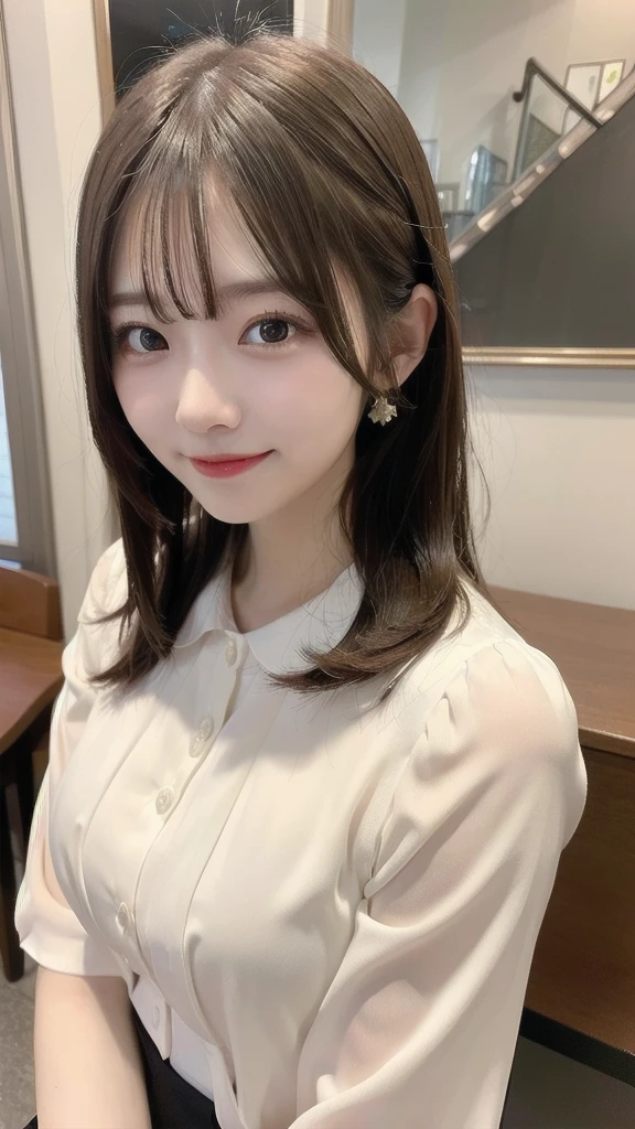 master piece , best quality , 8k , detailed , woman , smile , blouse , 25 years old