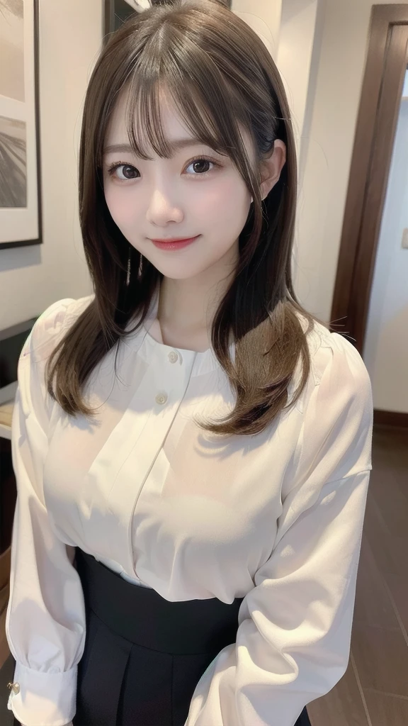 master piece , best quality , 8k , detailed , woman , smile , blouse , 25 years old