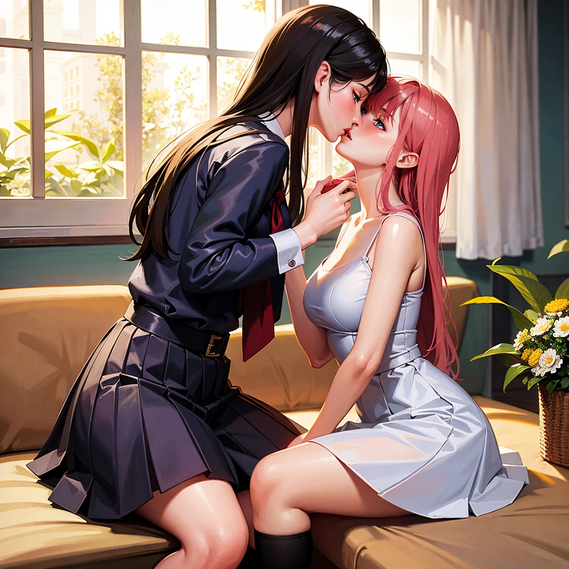 (masterpiece, best quality), perfect anatomy, two school girls are deeply in love with each other, kiss, romantic atmosphere, flower