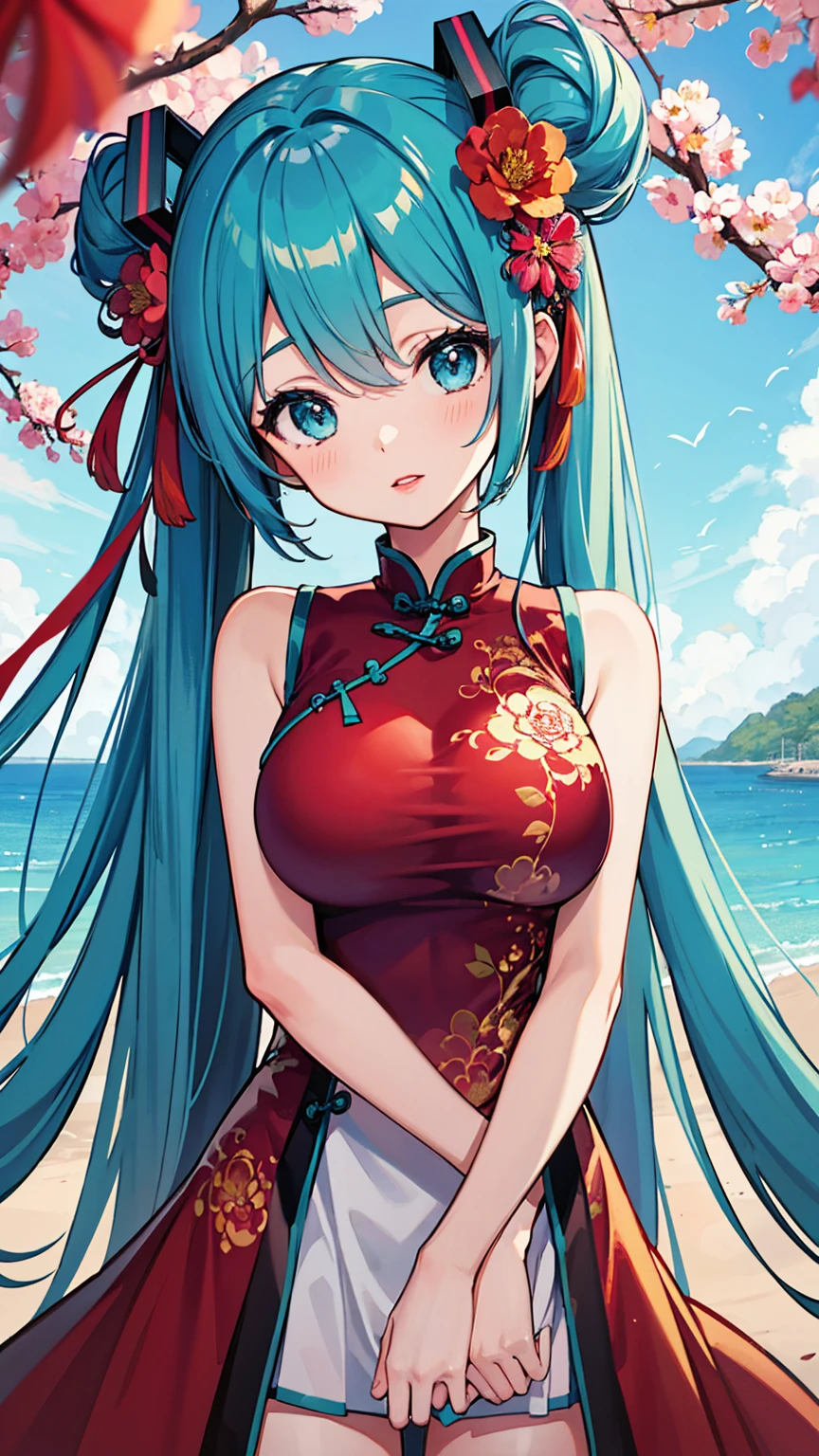 One girl,Hatsune Miku VOCALOID、Upper Body,Fashionable Girl,China dress,Chinese clothing,Hair Flowers,(masterpiece:1.4),(Highest quality:1.4),(Shiny skin),Red lips,View your viewers,Large Breasts,Part your lips