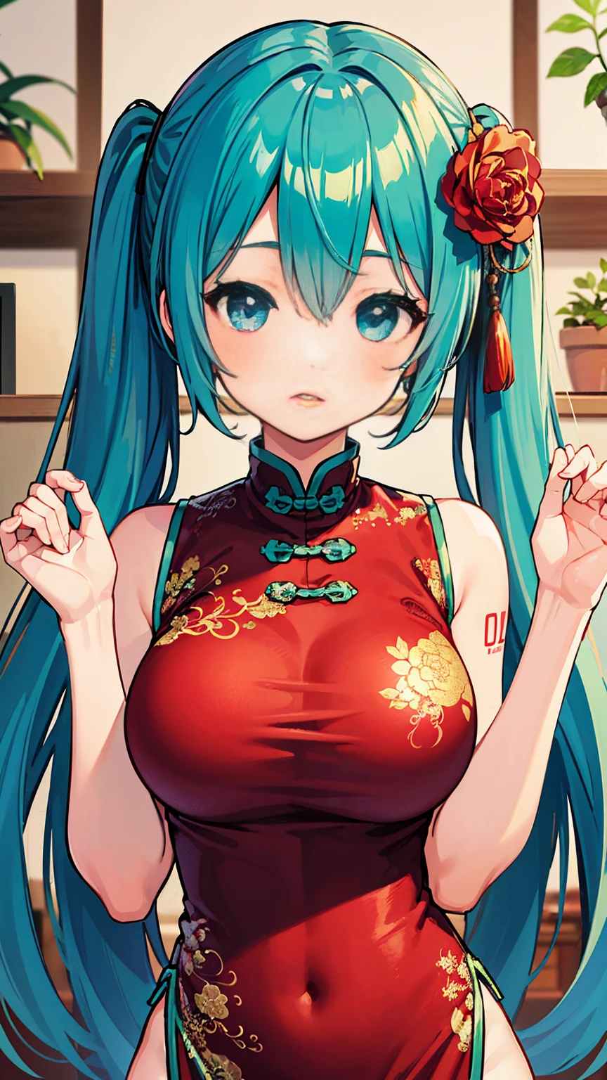 One girl,Hatsune Miku VOCALOID、Upper Body,Fashionable Girl,China dress,Chinese clothing,Hair Flowers,(masterpiece:1.4),(Highest quality:1.4),(Shiny skin),Red lips,View your viewers,Large Breasts,Part your lips