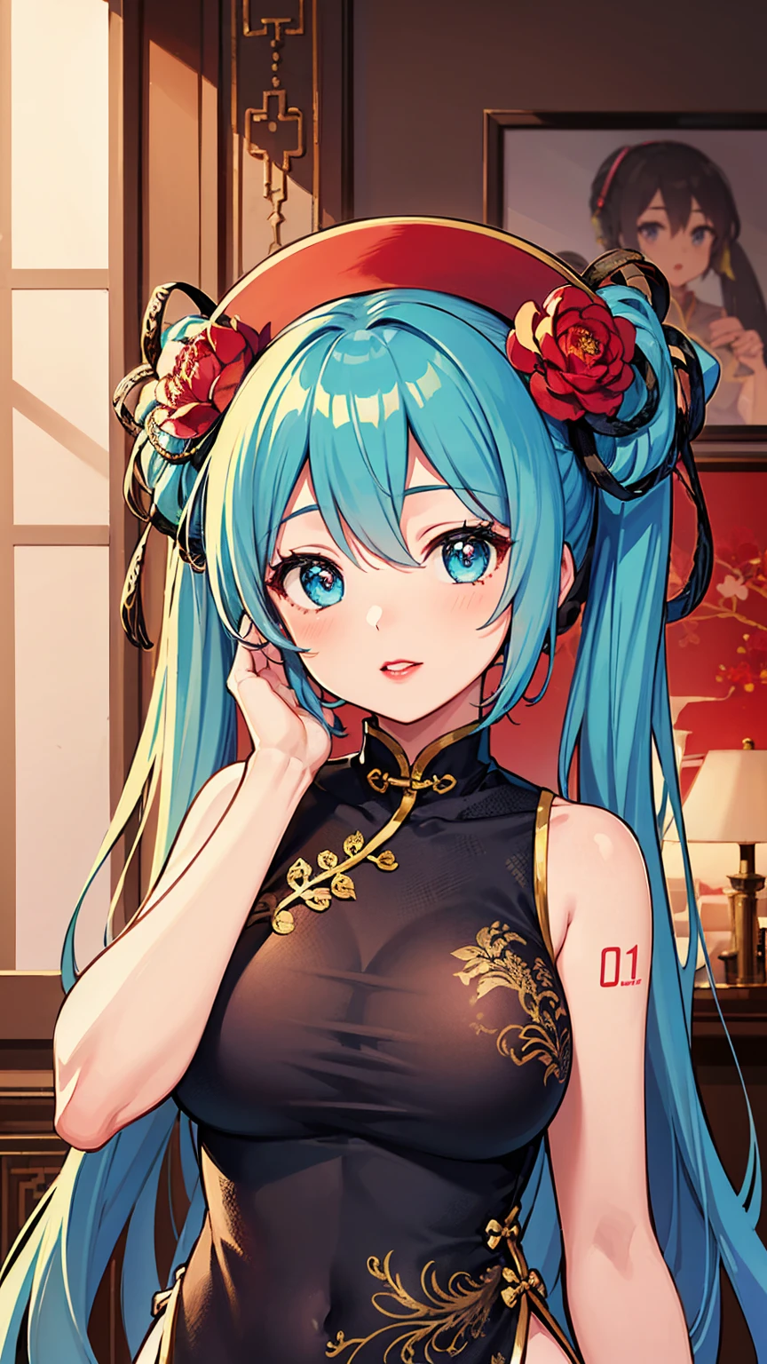 One girl,Hatsune Miku VOCALOID、Upper Body,Fashionable Girl,China dress,Chinese clothing,Hair Flowers,(masterpiece:1.4),(Highest quality:1.4),(Shiny skin),Red lips,View your viewers,Large Breasts,Part your lips