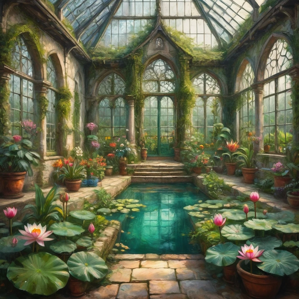 (masterpiece, best quality), Intricate details, High quality textures, Vivid texture, Overgrown greenhouse in a fantastic medieval monastery, Exotic plants, Wild Green, Many colorful flowers, Glass House, pool, Lotus, Stuffy atmosphere, Fantasy setting,
