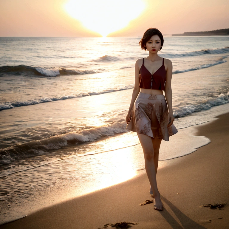 8k realistic, lifelike photo, Realistic appearance of nature, , Woman standing on the beach at sunset. View from afar with a wide-angle lens , wearing a light skirt, Front view of a short Korean woman, burning sunset light, 1 woman, Short hair blowing slightly in the wind, looking at the camera, short medium hair