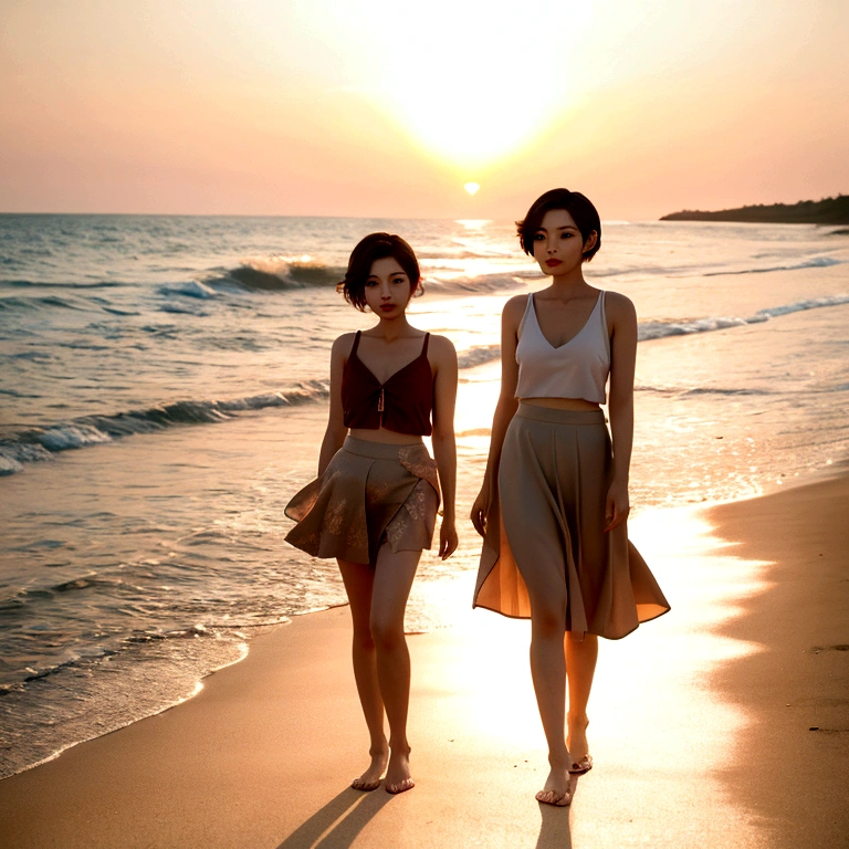 8k realistic, lifelike photo, Realistic appearance of nature, , Woman standing on the beach at sunset. View from afar with a wide-angle lens , wearing a light skirt, Front view of a short Korean woman, burning sunset light, 1 woman, Short hair blowing slightly in the wind, looking at the camera, short medium hair