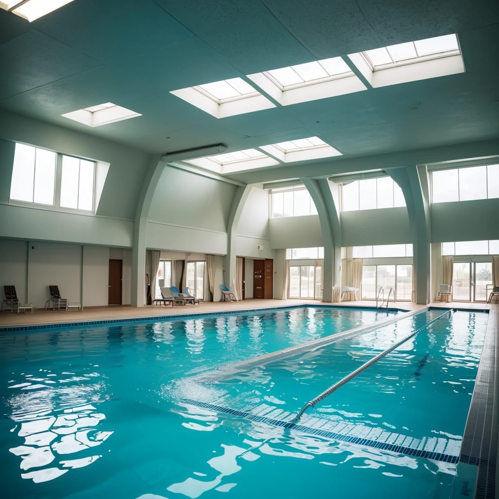 infinite room,pool,Densely packed limited space ,empty,fluorescent light,Grainy old photo type