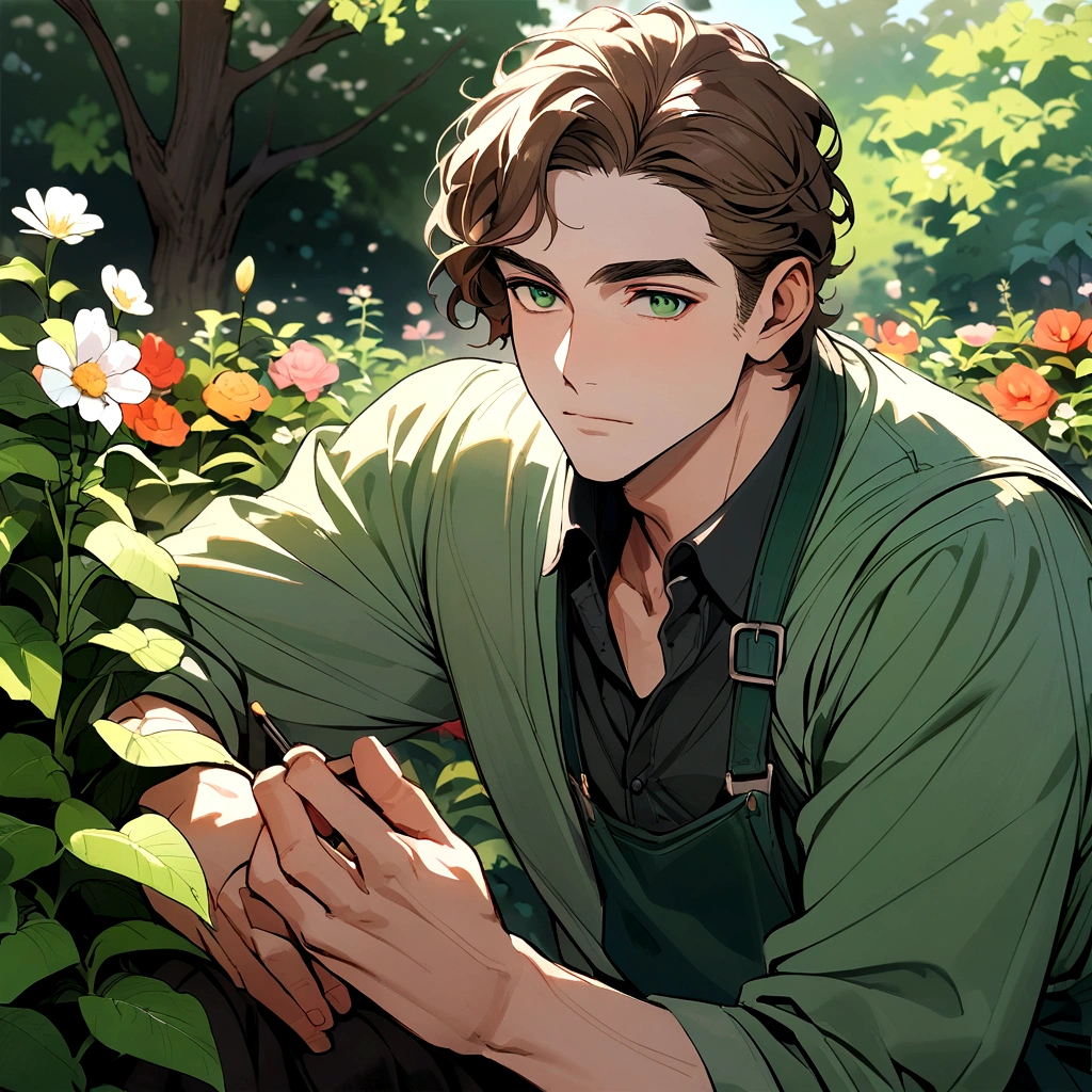 adult male gardener - brown hair - dark green eyes - in a garden